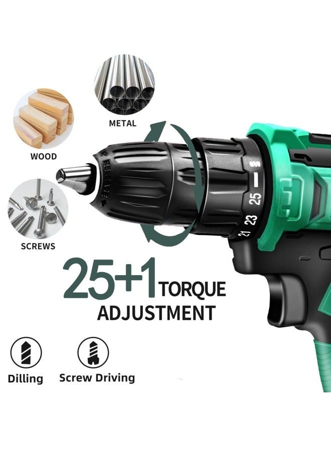 ALongDeng 48V Cordless Drill Set Power Drill Kit with 2 Pcs Battery 25 Position 2 Variable Speed 3/8'' Keyless Chuck Fast Charger and 24 Pcs Accessories with Case - Image 3